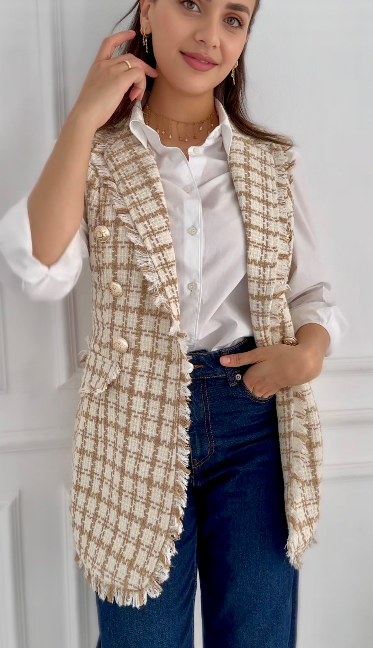 Plaid fringe tweed vest in beige