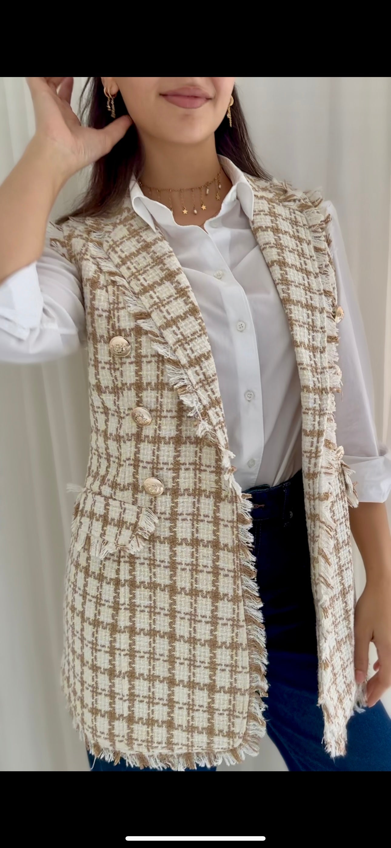 Plaid fringe tweed vest in beige