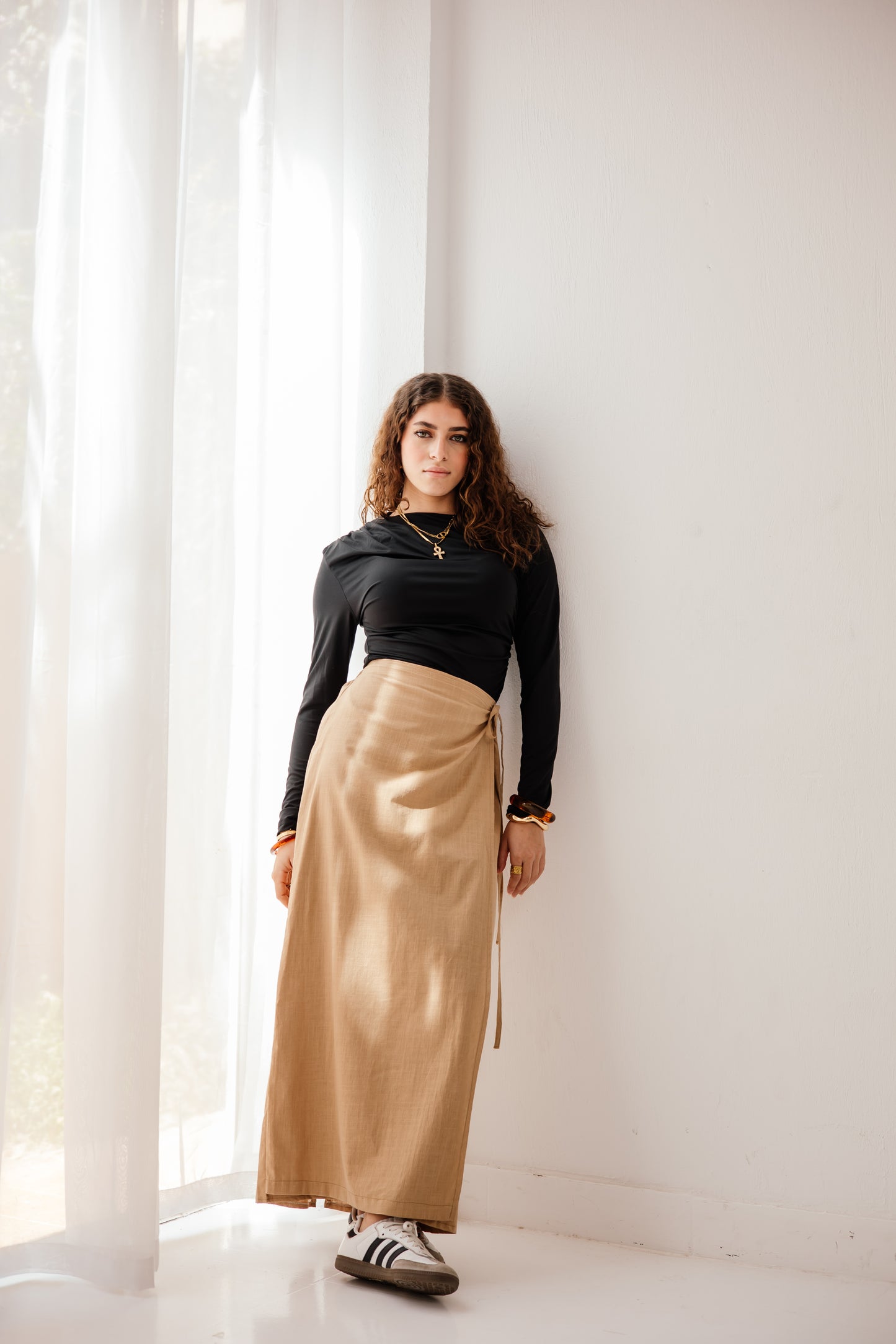 The wrap skirt in camel