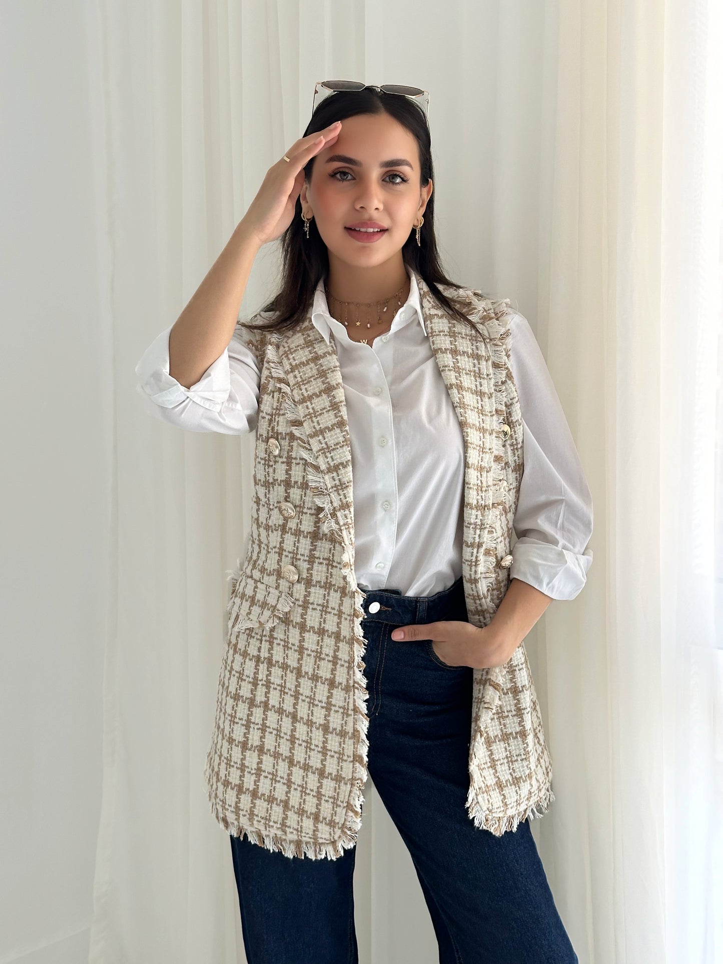 Plaid fringe tweed vest in beige