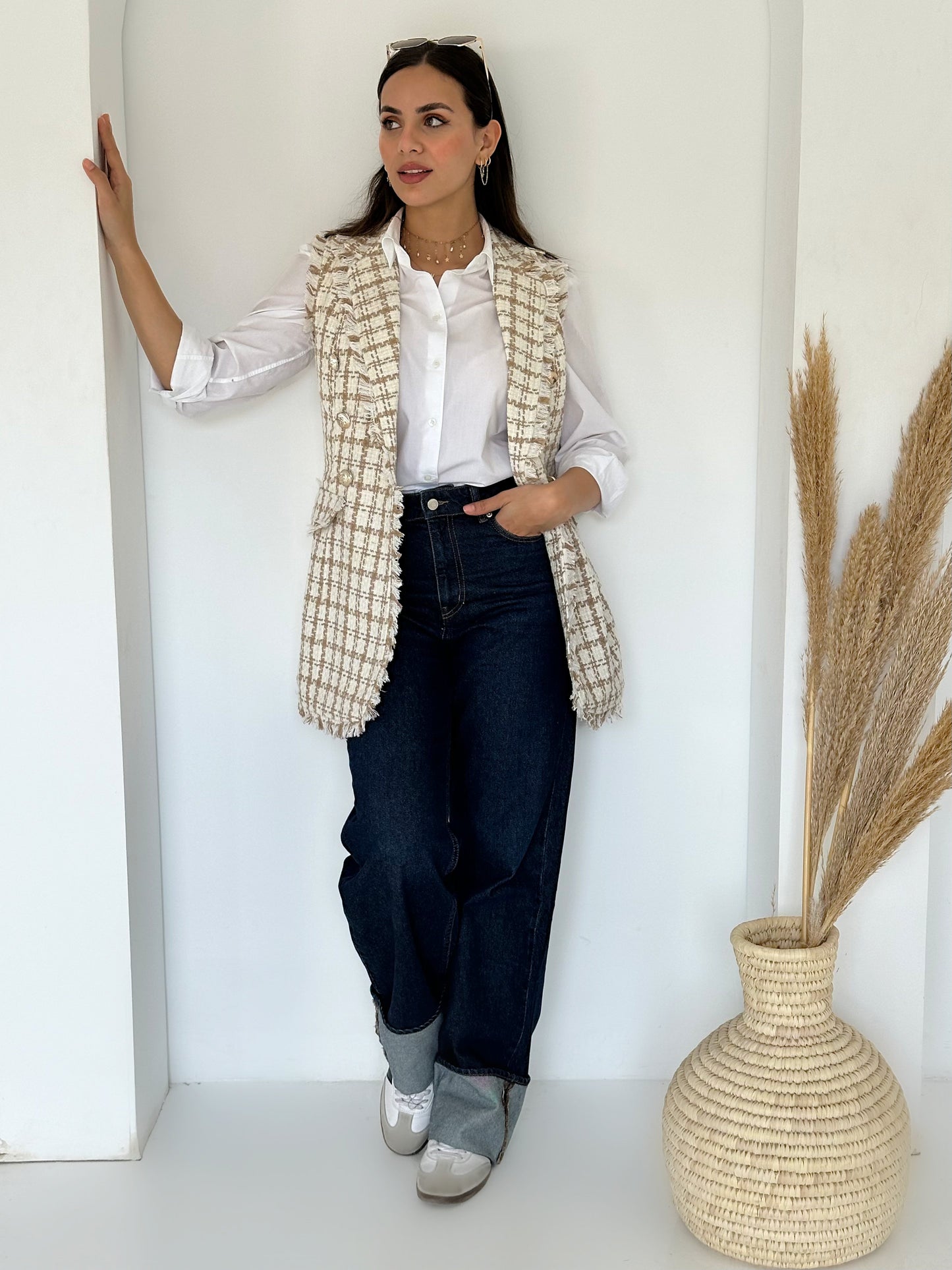 Plaid fringe tweed vest in beige