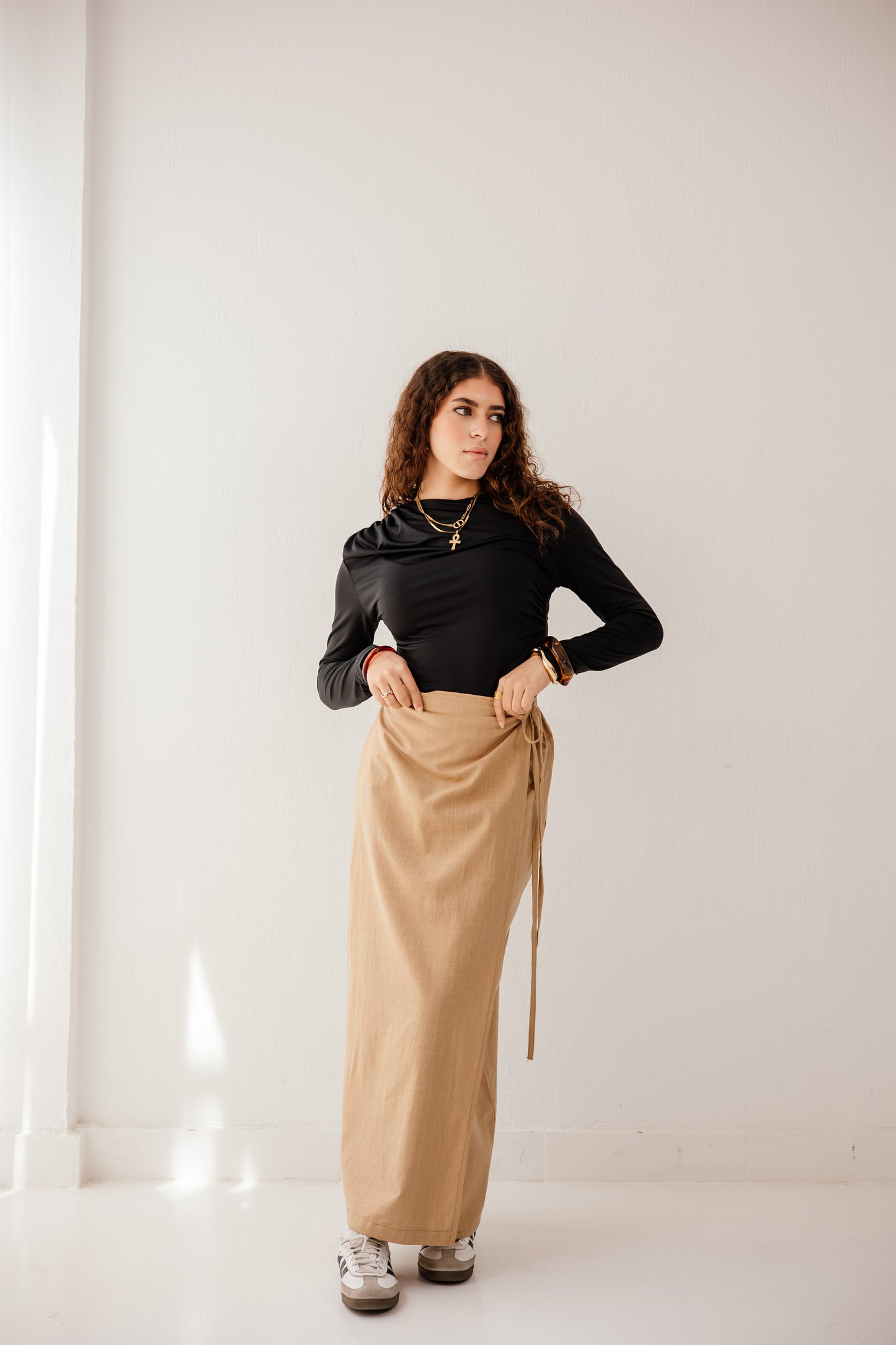 The wrap skirt in camel