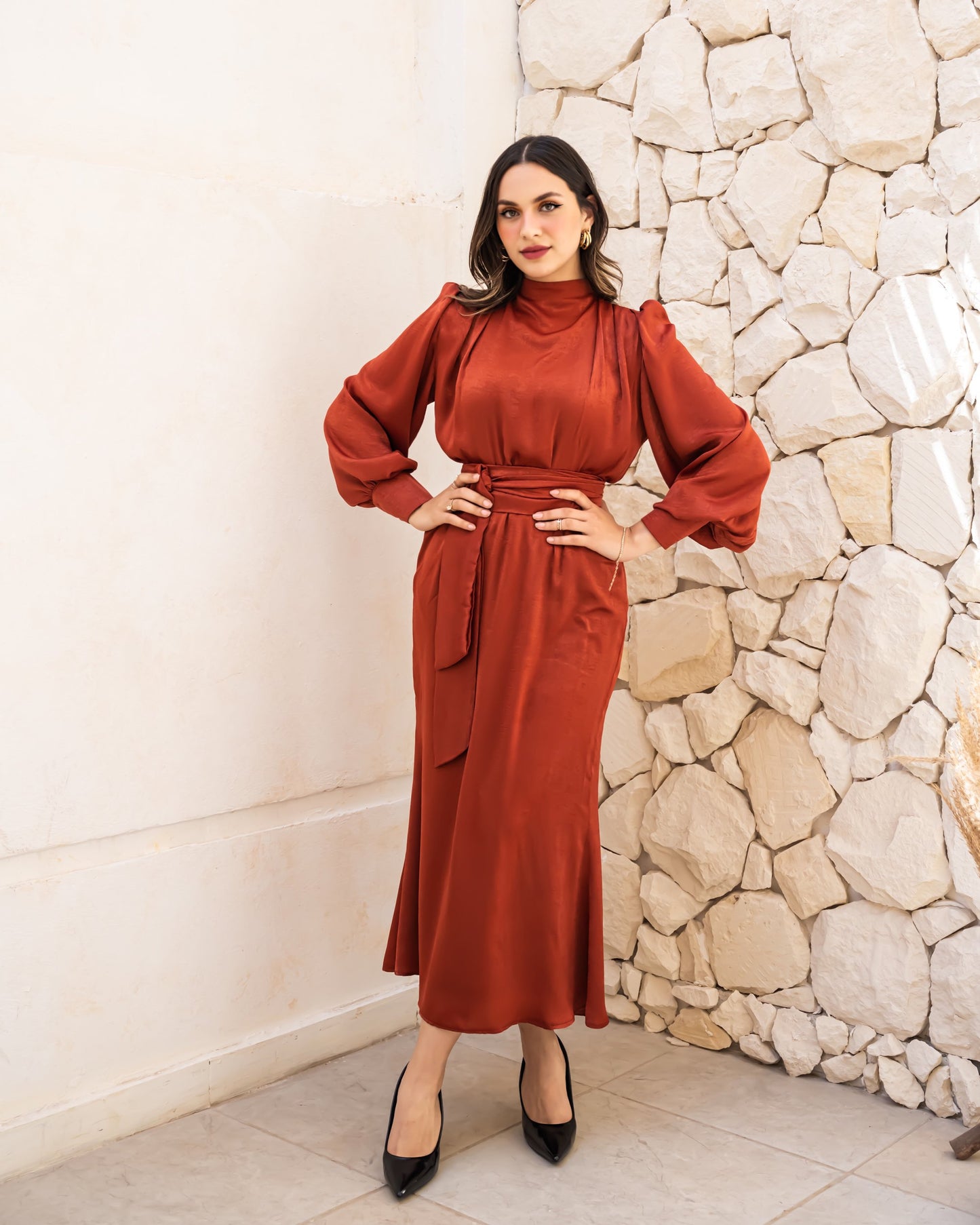 Shimmer & Shine Dress In Burnt Orange