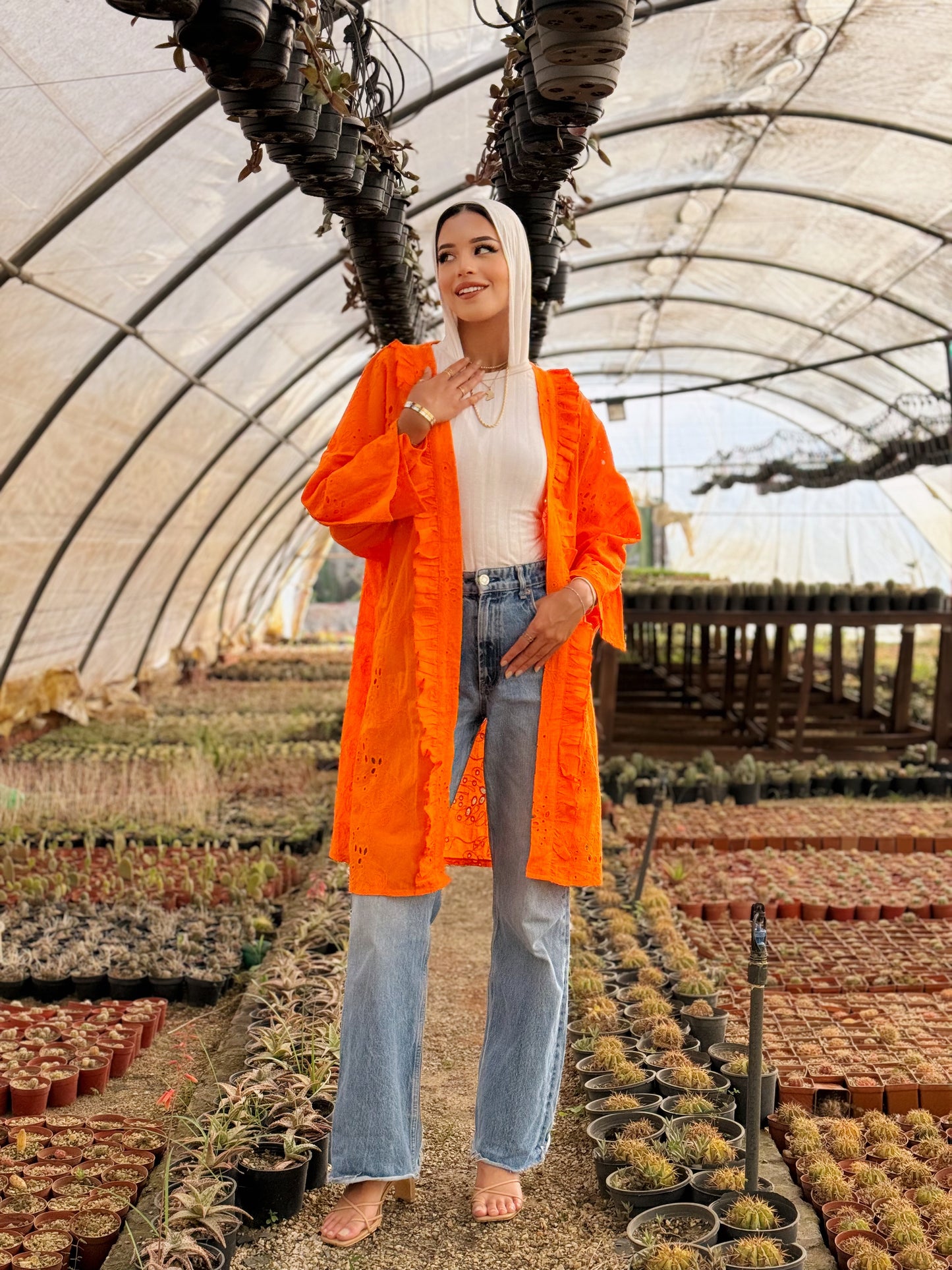 Embroidery kimono in orange
