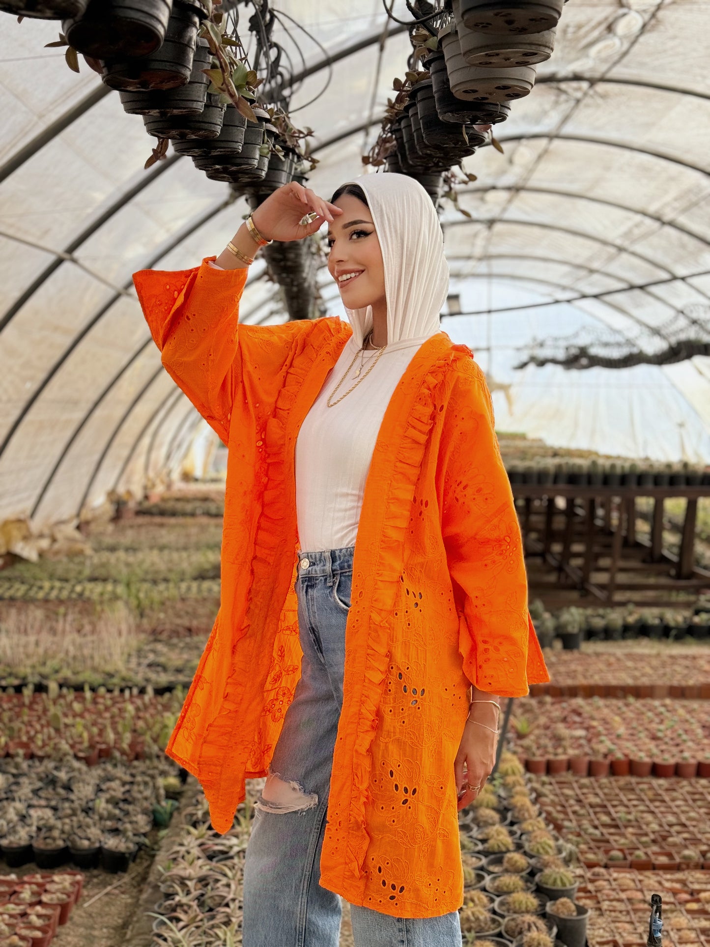 Embroidery kimono in orange