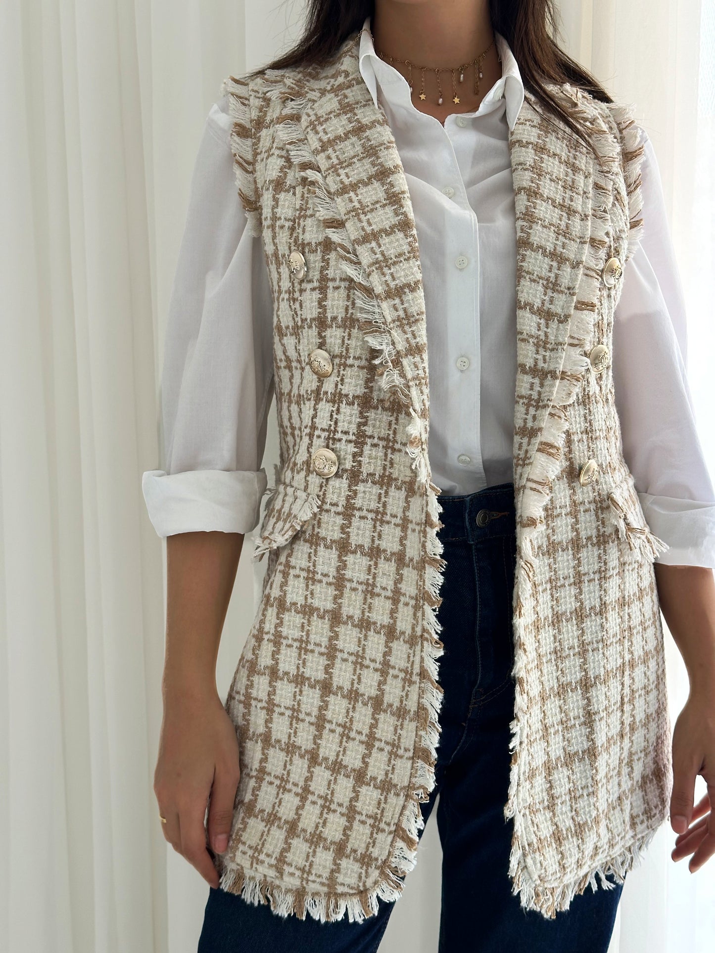 Plaid fringe tweed vest in beige