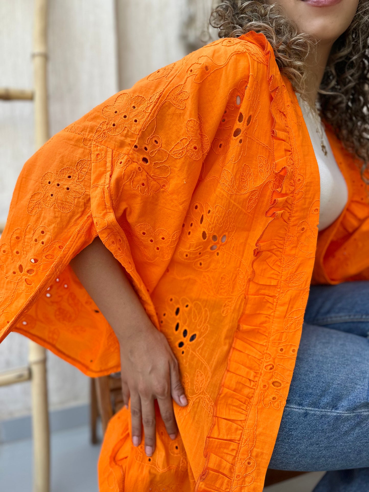 Embroidery kimono in orange