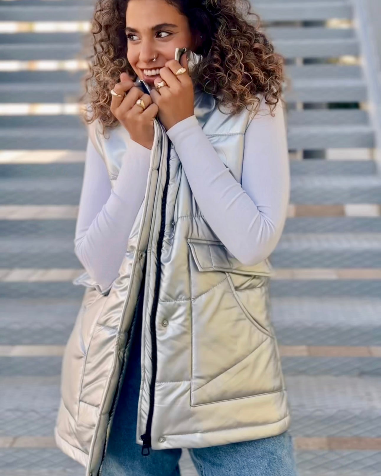 Metallic leather puffer vest