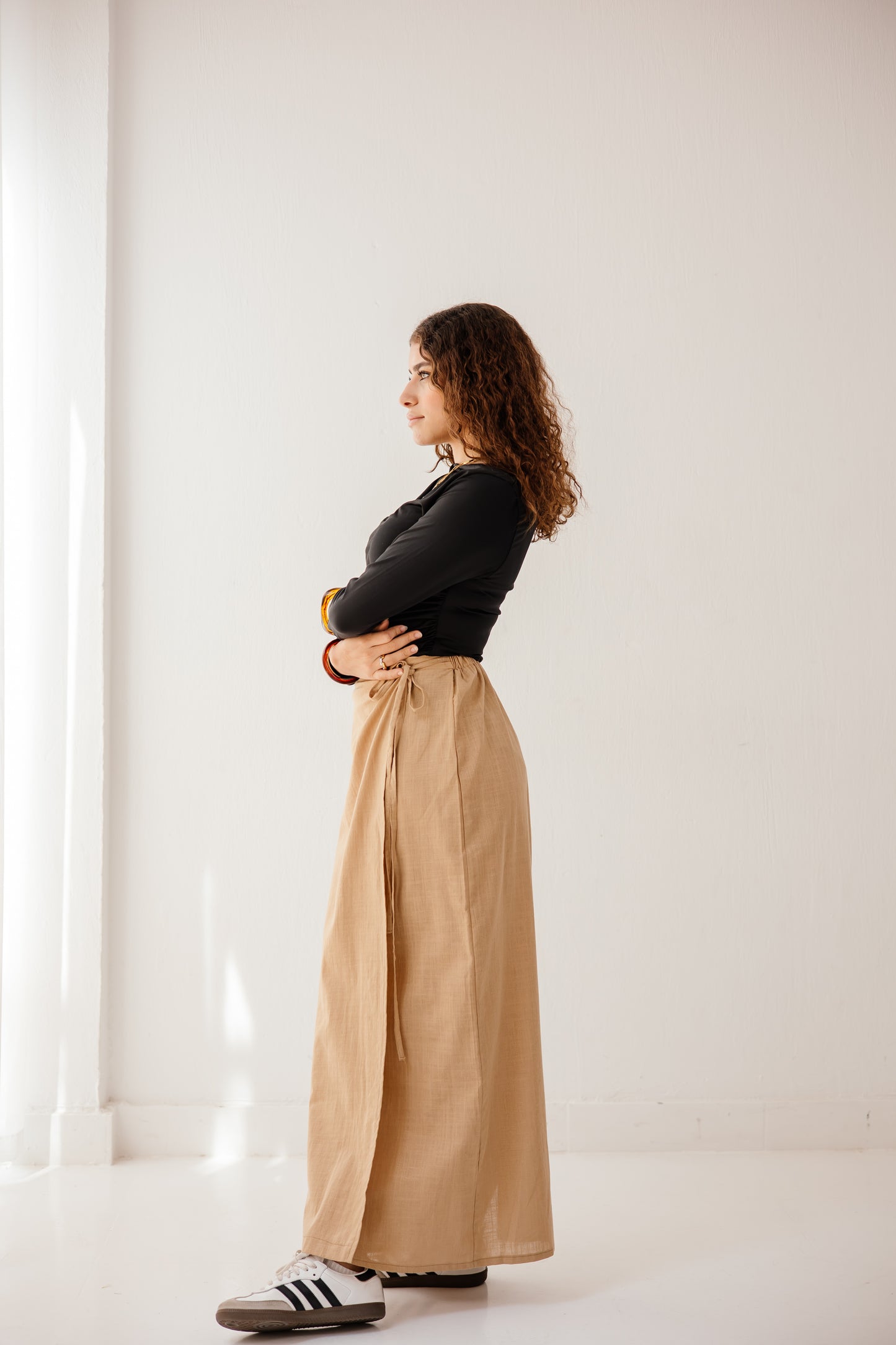 The wrap skirt in camel