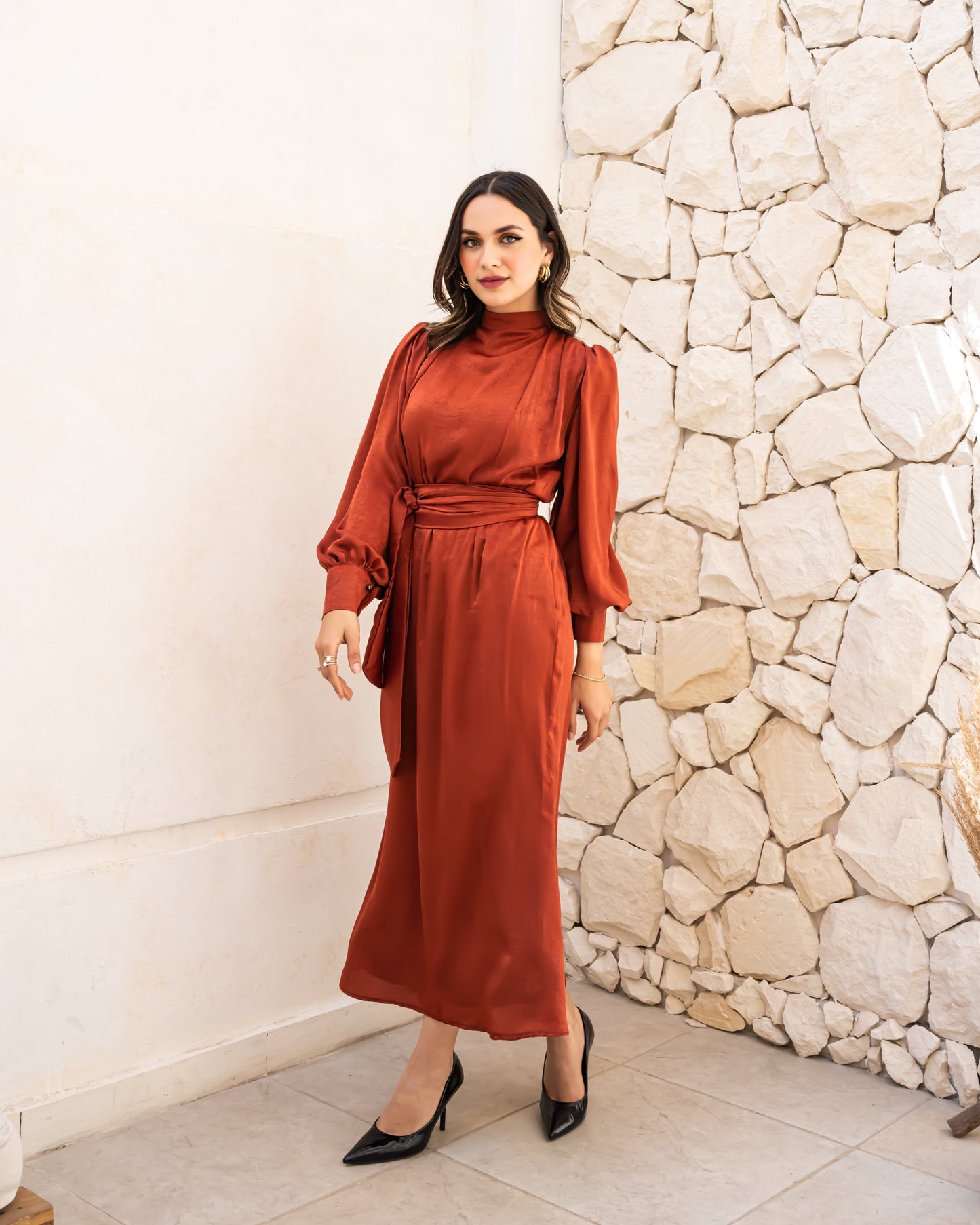 Shimmer & Shine Dress In Burnt Orange