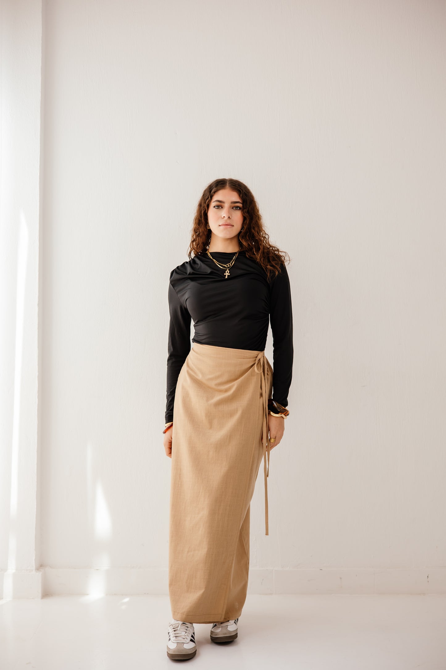 The wrap skirt in camel