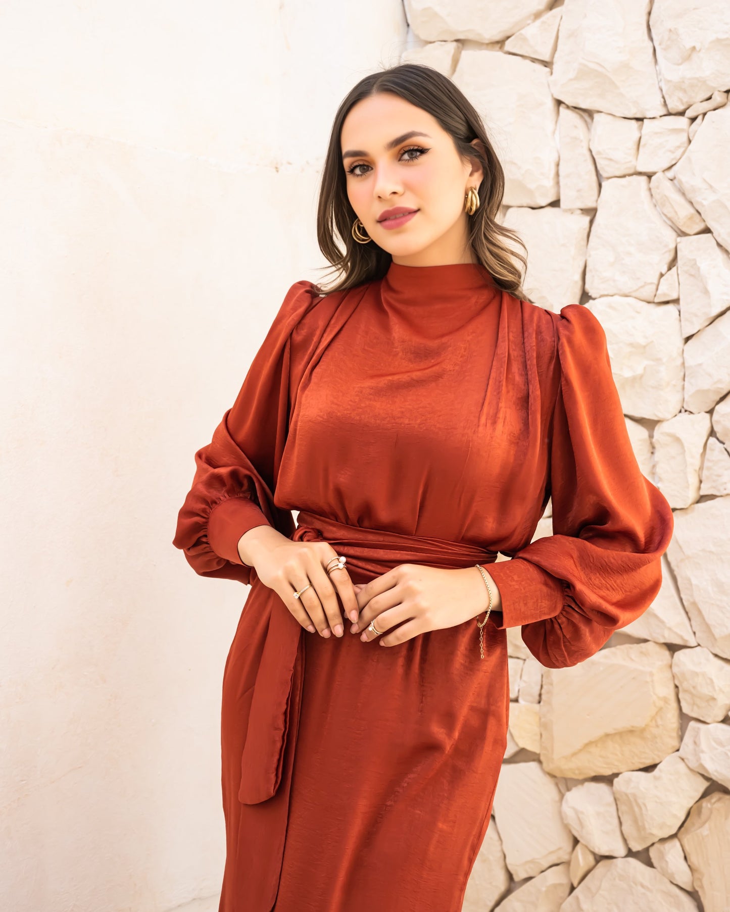 Shimmer & Shine Dress In Burnt Orange