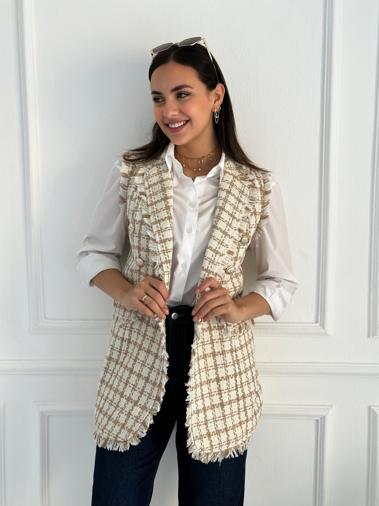 Plaid fringe tweed vest in beige