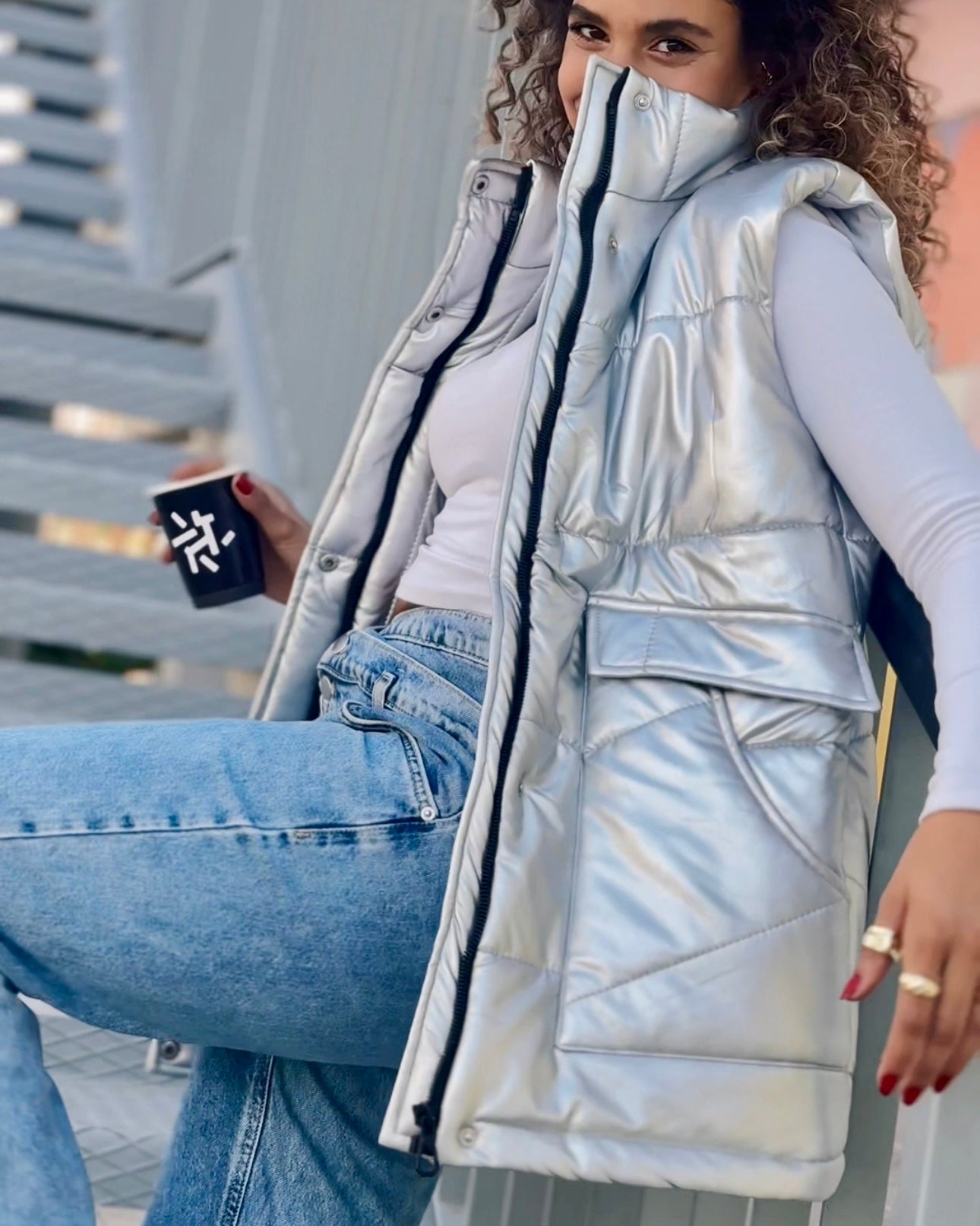 Metallic leather puffer vest