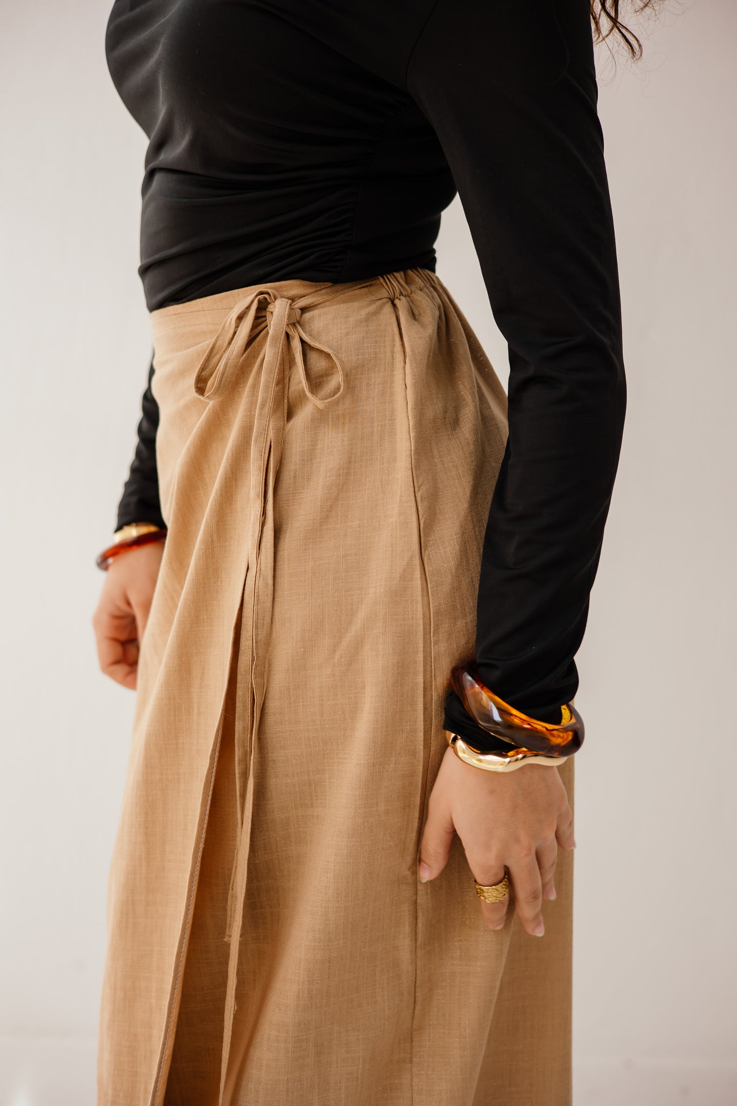The wrap skirt in camel
