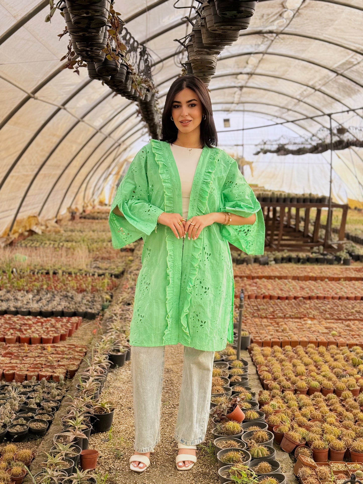 Embroidery kimono in green