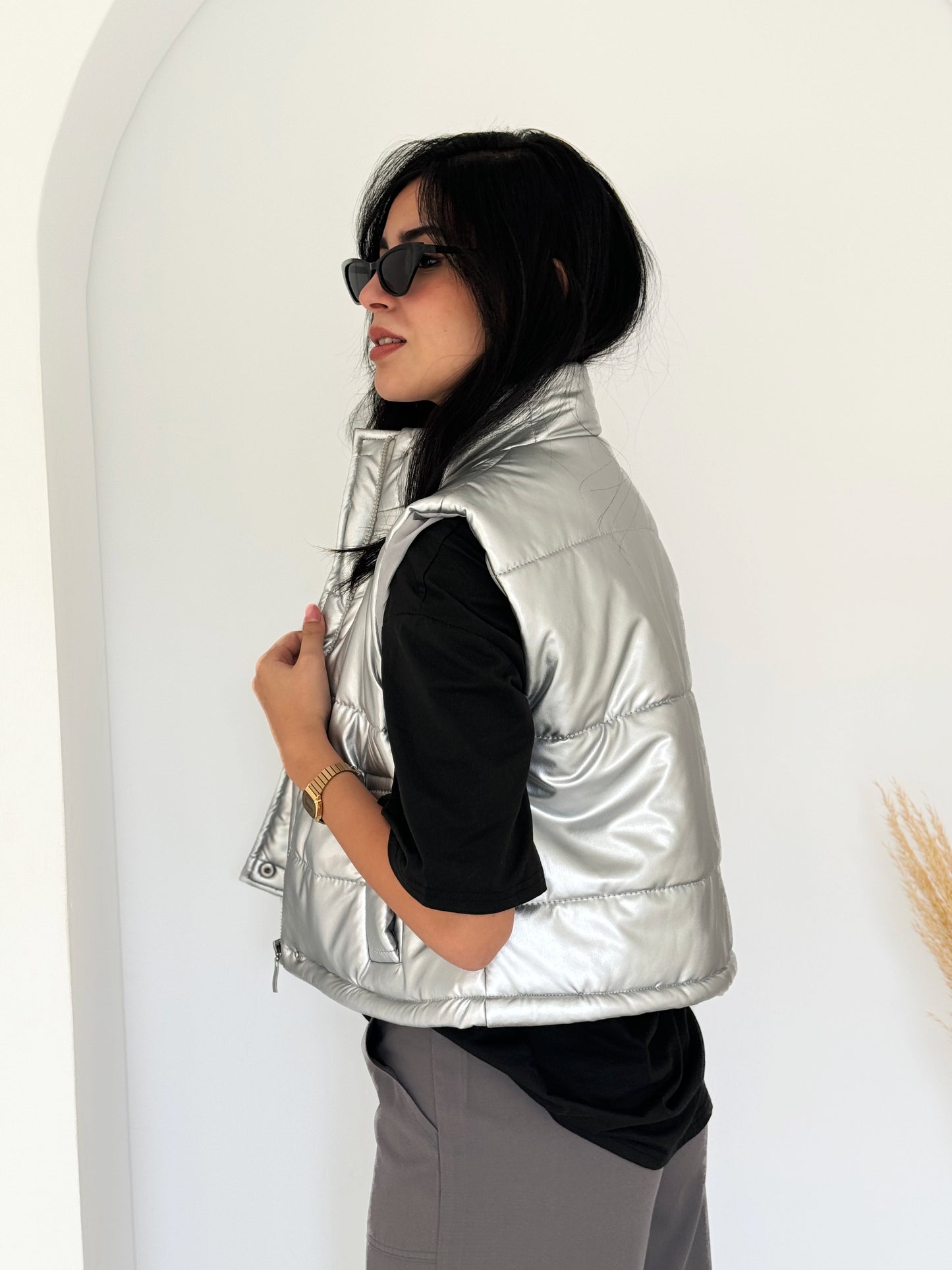 Crop puffer leather vest