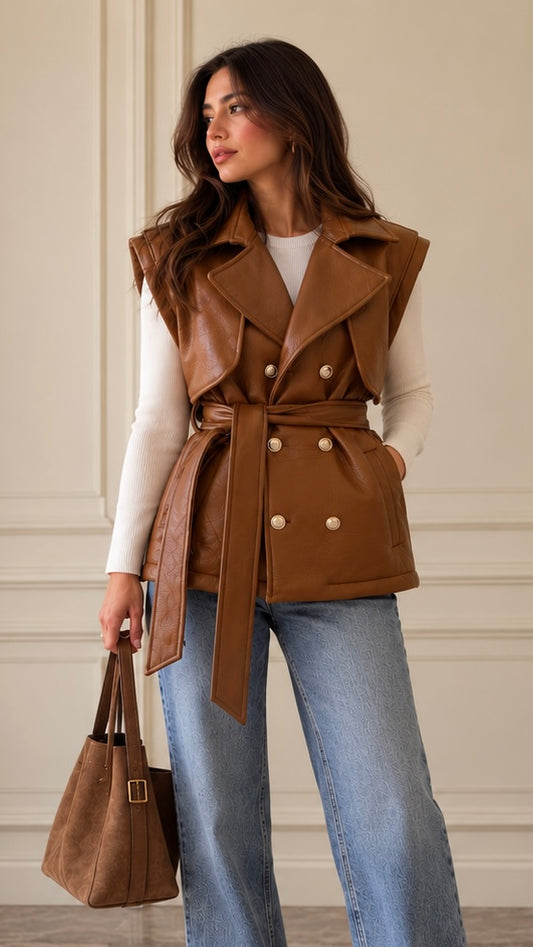 Leather vest padded suede in camel