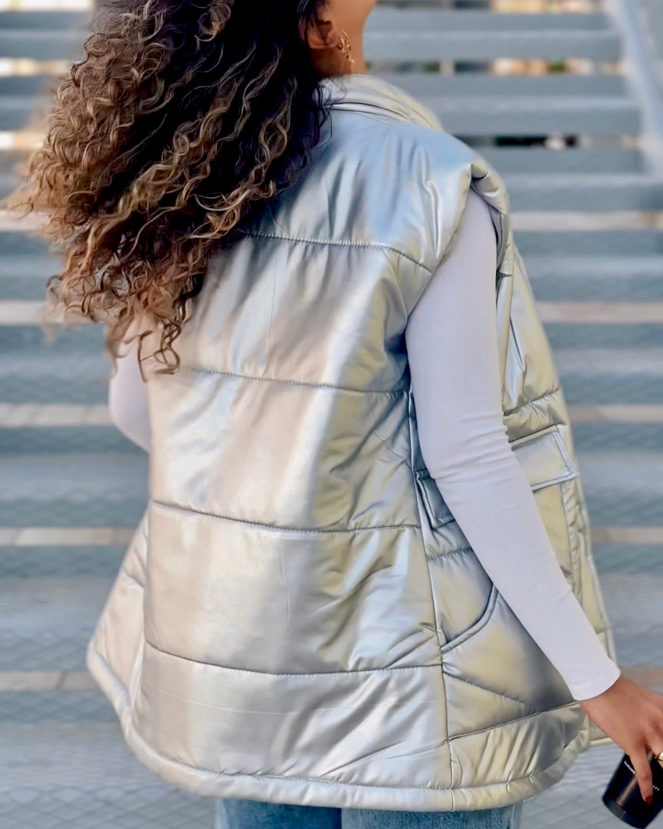 Metallic leather puffer vest