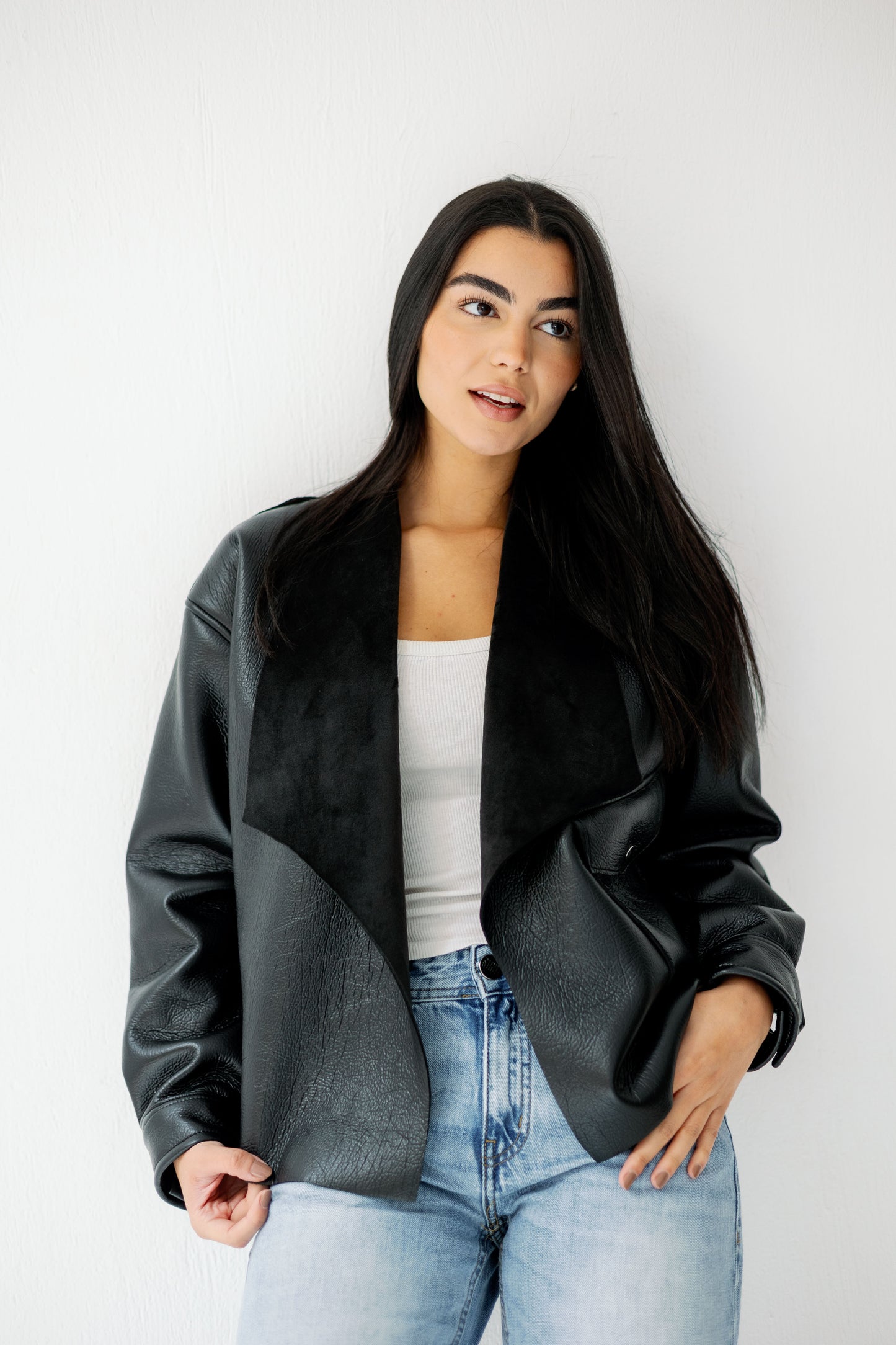 Suede Wrap Leather Jacket In Black