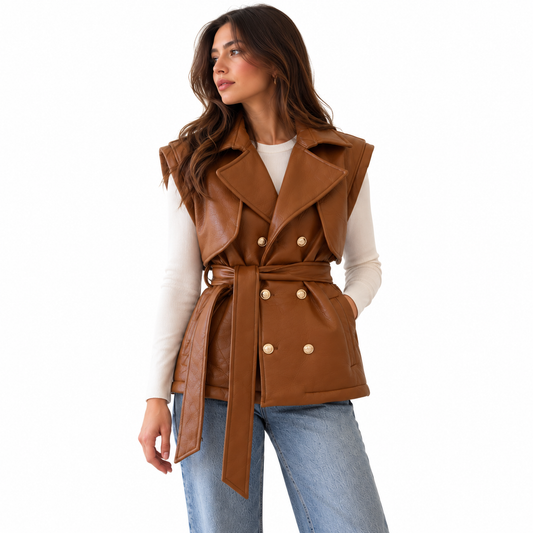 Leather vest padded suede in camel