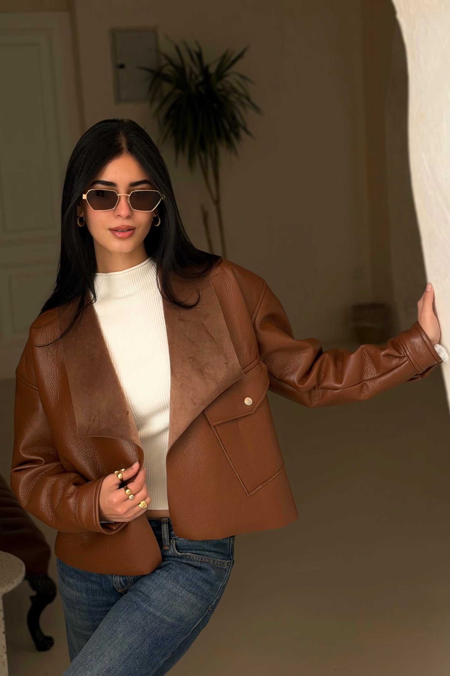 Suede Wrap Leather Jacket In Camel