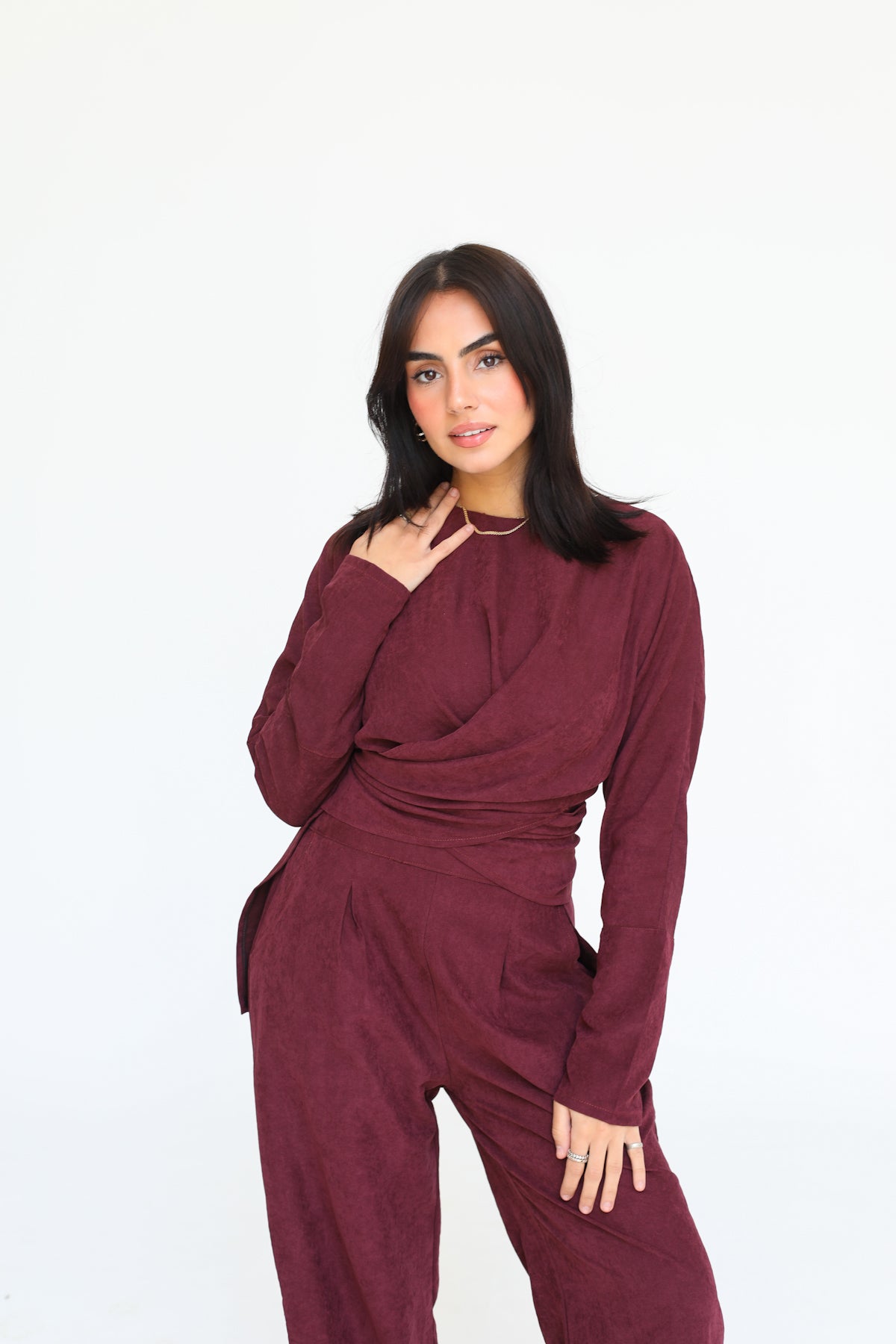 The wrap set in burgundy
