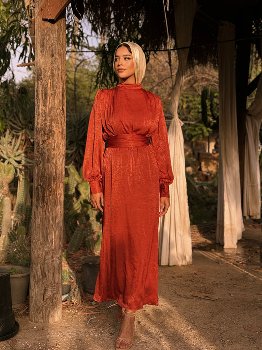 Shimmer & Shine Dress In Burnt Orange