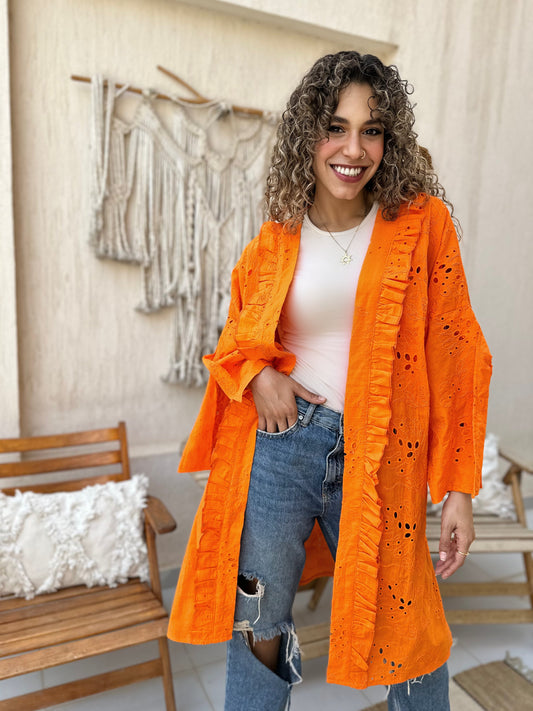 Embroidery kimono in orange