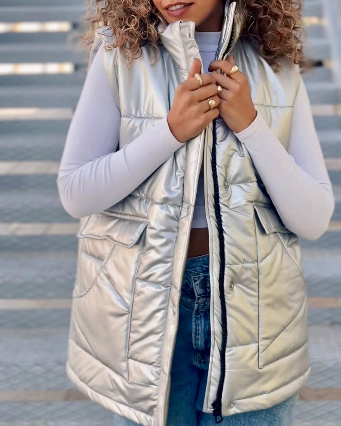 Metallic leather puffer vest