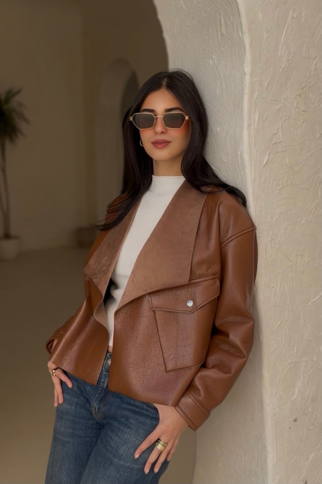 Suede Wrap Leather Jacket In Camel