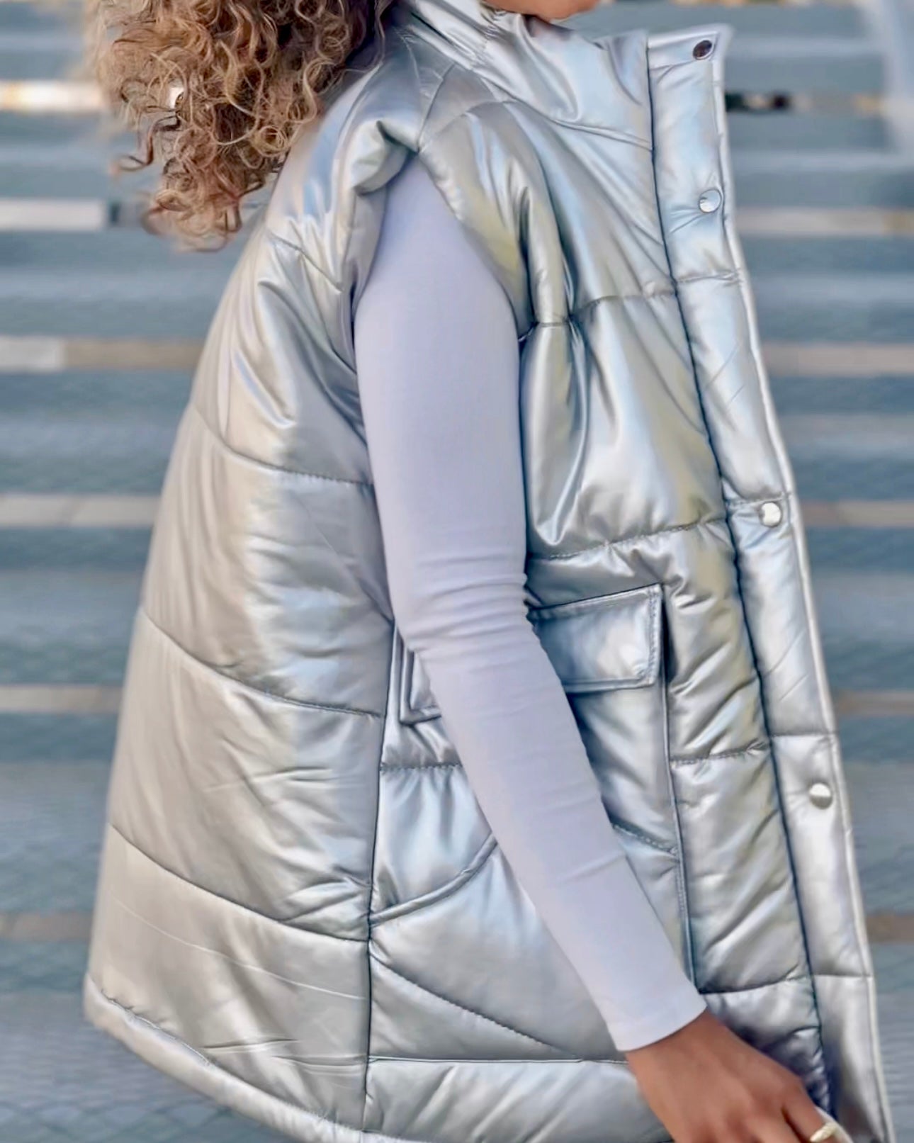 Metallic leather puffer vest