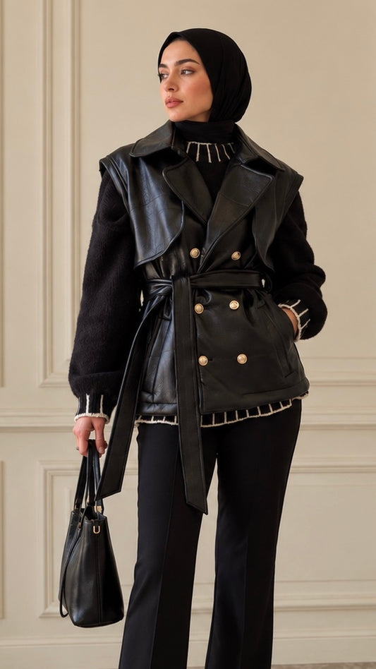 Leather vest padded suede in black